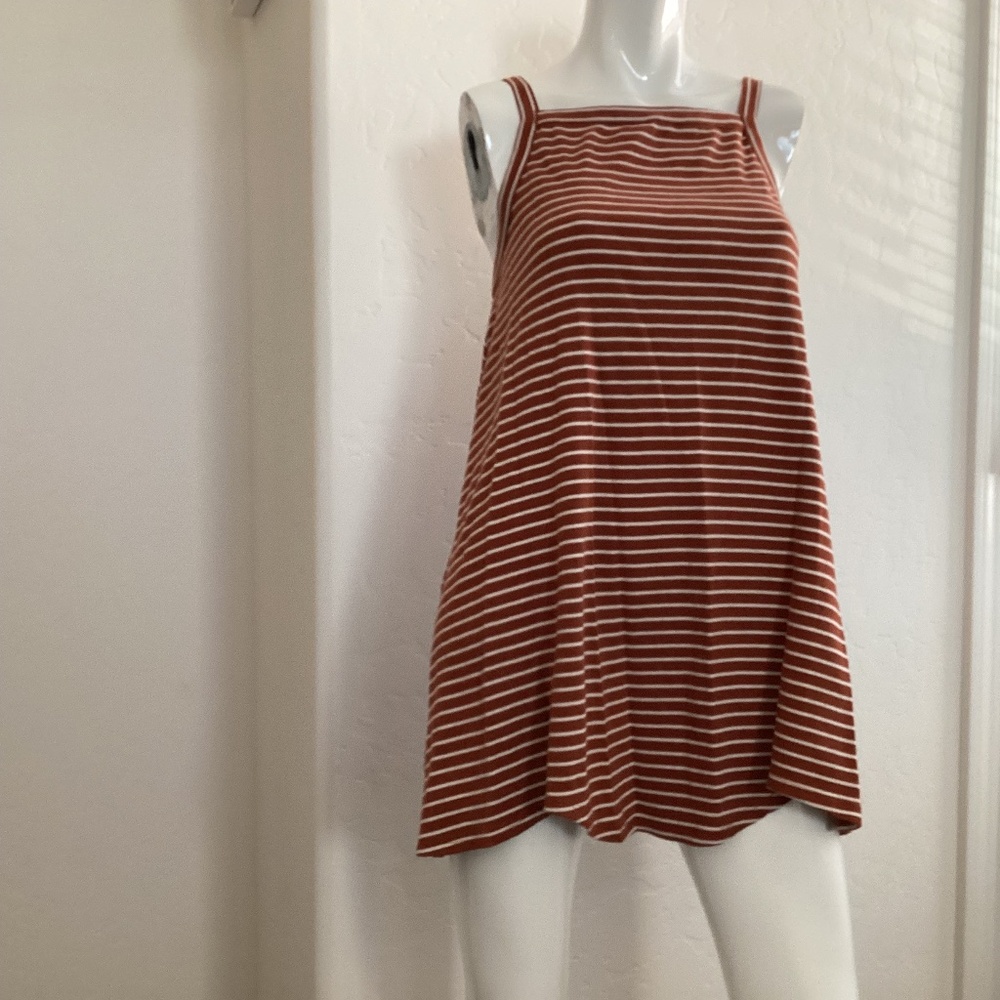 RVCA, sz M, mini ribbed tank-dress, striped brick and white, scalloped hem